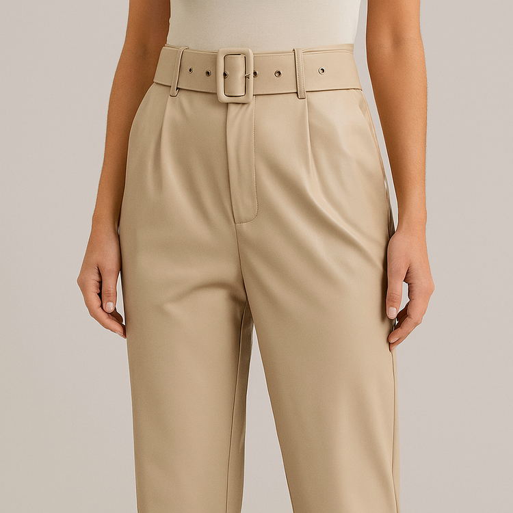 High Waist Belt PU Leather Trousers
