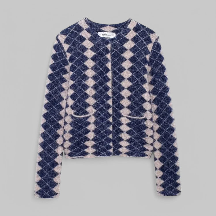 Women's Argyle Knit Cardigan with Front Pockets