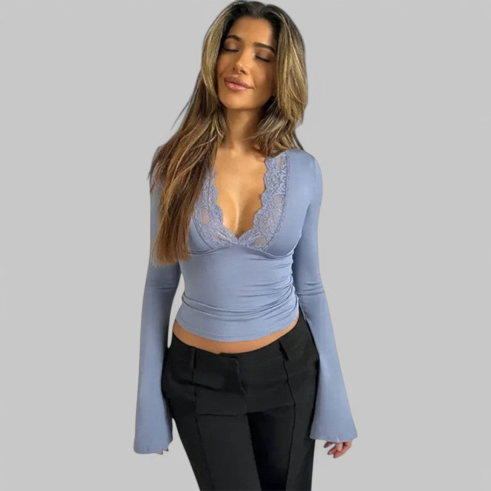 Low-Cut V-Neck Flare Lace Shirt