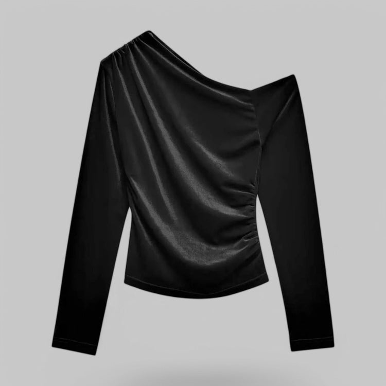Women's Draped Velvet Blouse Shirt with Asymmetric Neckline