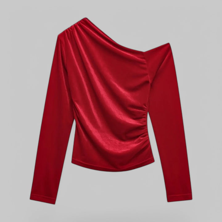 Draped Velvet Blouse Shirt with Asymmetric Neckline