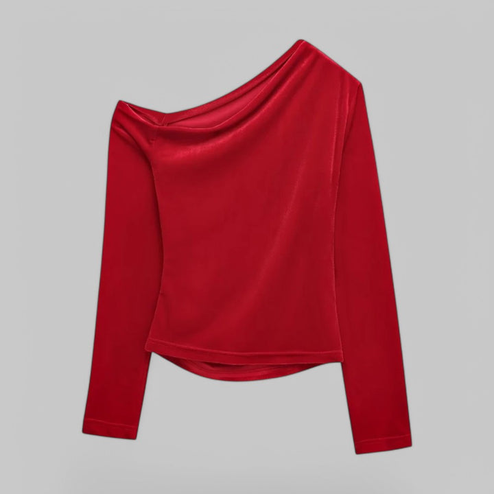 Draped Velvet Blouse Shirt with Asymmetric Neckline