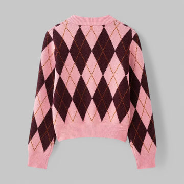 Klyber | Women's Pink Argyle Cardigan with O-Neck and Button Detail