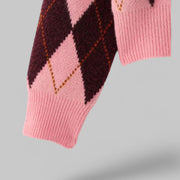 Klyber | Women's Pink Argyle Cardigan with O-Neck and Button Detail