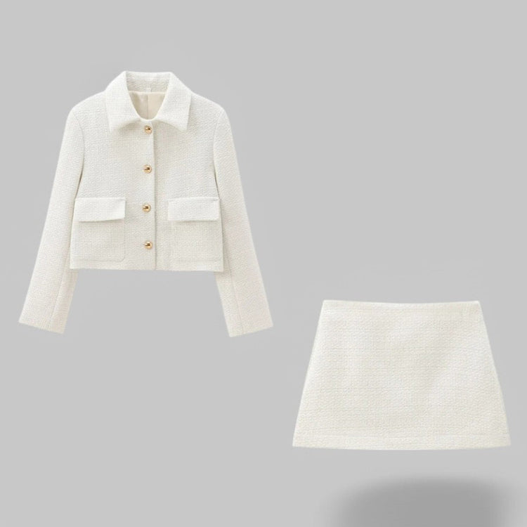 Tweed Jacket & High-Waist Skirt Set with Pockets