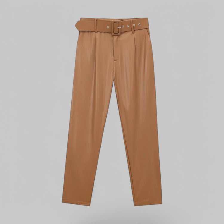 Women's High Waist Faux Leather Trousers with Wide Belt