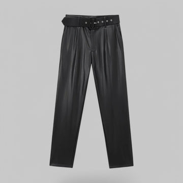 Women's High Waist Faux Leather Trousers with Wide Belt