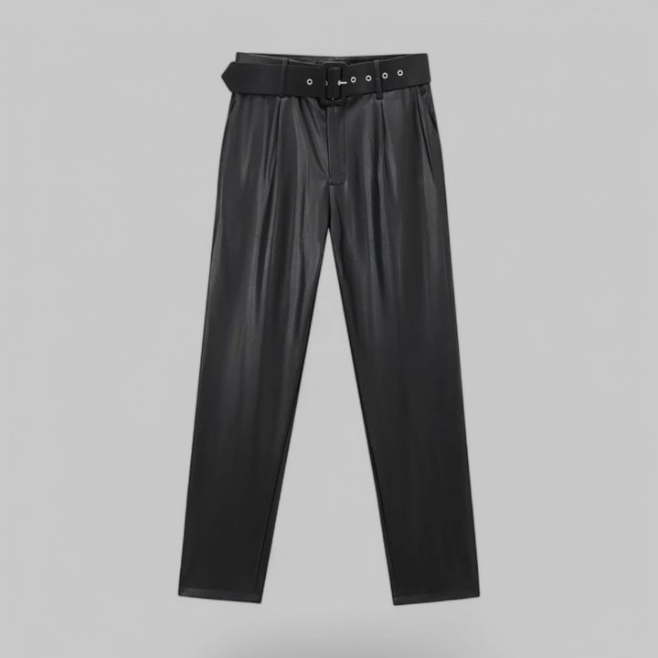 Women's High Waist Faux Leather Trousers with Wide Belt