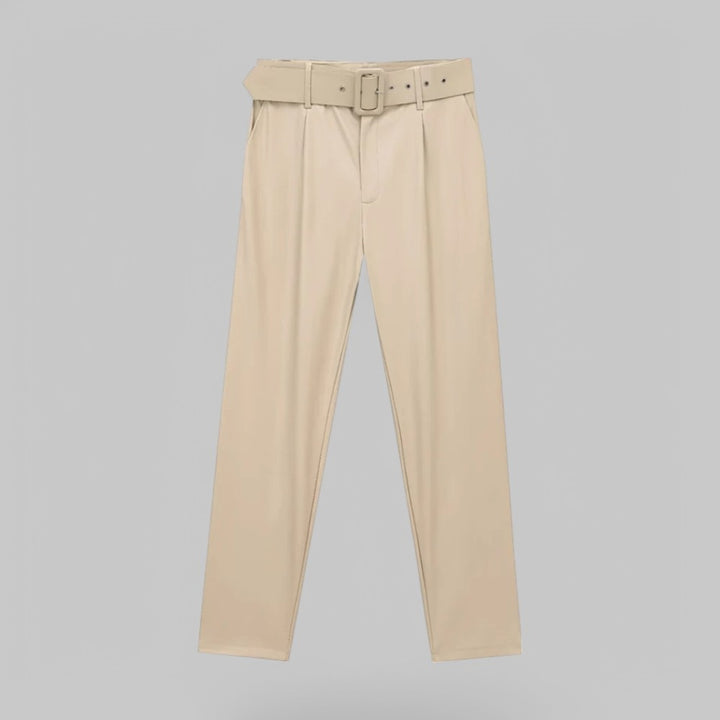 Women's High Waist Faux Leather Trousers with Wide Belt