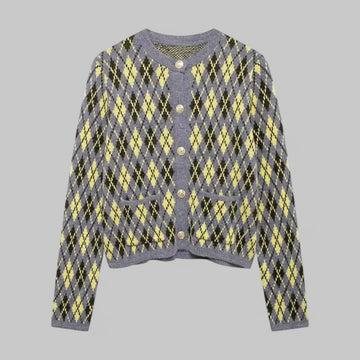Klyber | Argyle Knit Button-Up Cardigan with Patch Pockets