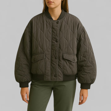 Oversized Quilted Bomber Jacket with Snap Buttons