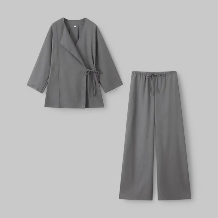 Belted Kimono Top & Pleated Trousers 2-Piece Set
