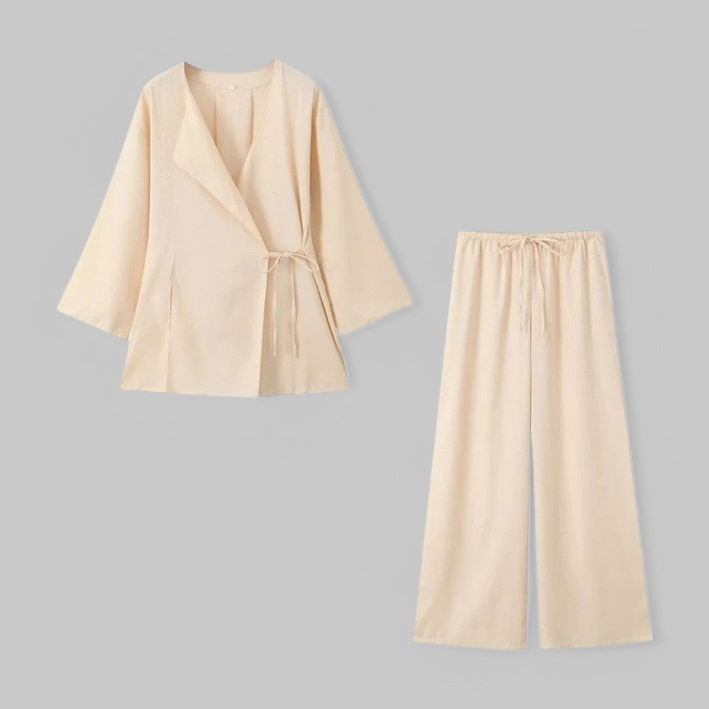 Belted Kimono Top & Pleated Trousers 2-Piece Set