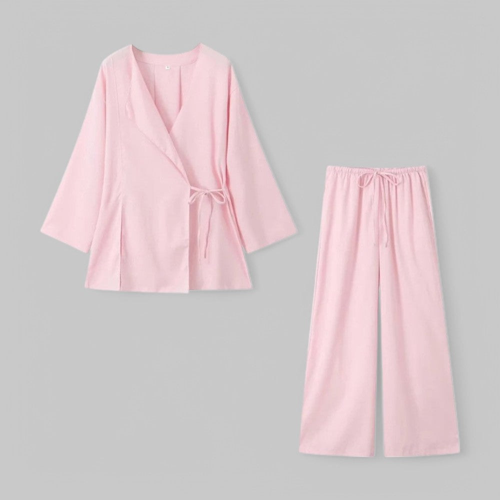 Belted Kimono Top & Pleated Trousers 2-Piece Set