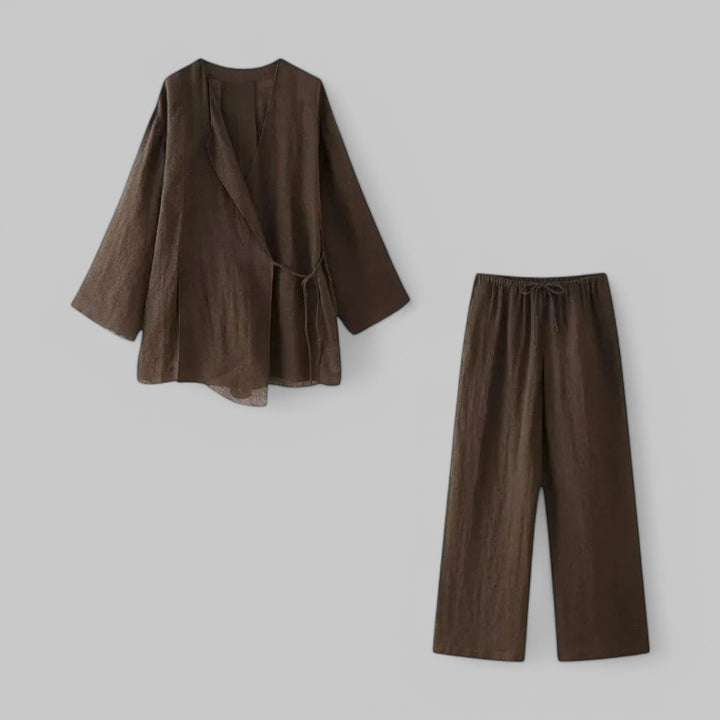 Belted Kimono Top & Pleated Trousers 2-Piece Set
