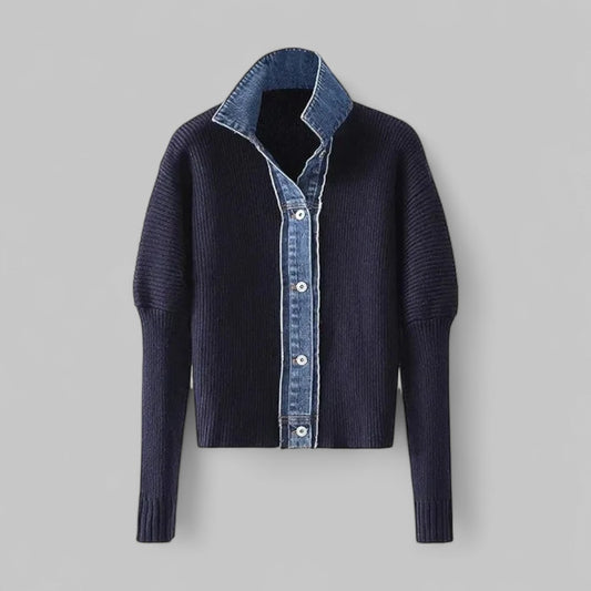 Denim Trim Ribbed Knit Cardigan